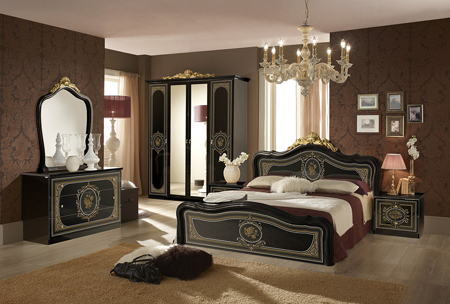 Black And Gold Classic Italian Bedroom Set With Upholstered