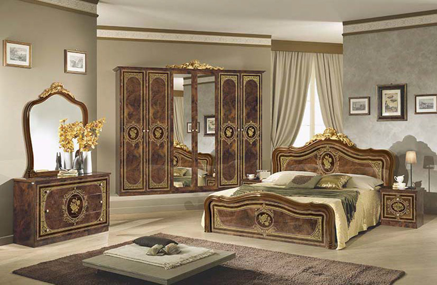 Lisa Walnut Classic Italian Bedroom Set And Suite With Upholstered